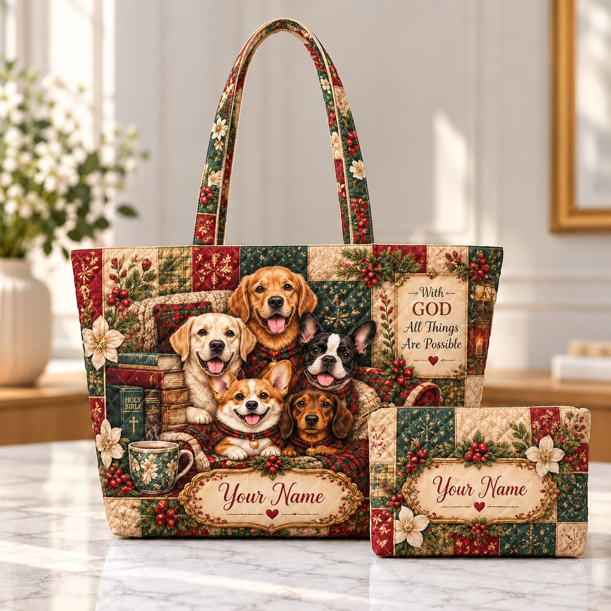 Personalized Festive Dogs Quilted Shoulder Bag & Storage Bag