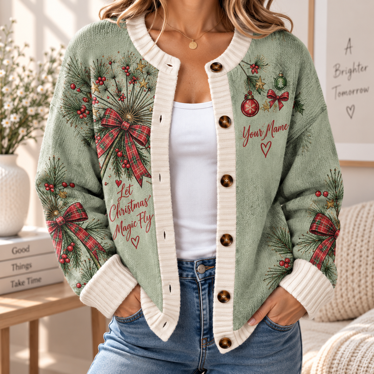 Personalized Festive Plaid Bow Women's Cardigan Sweater