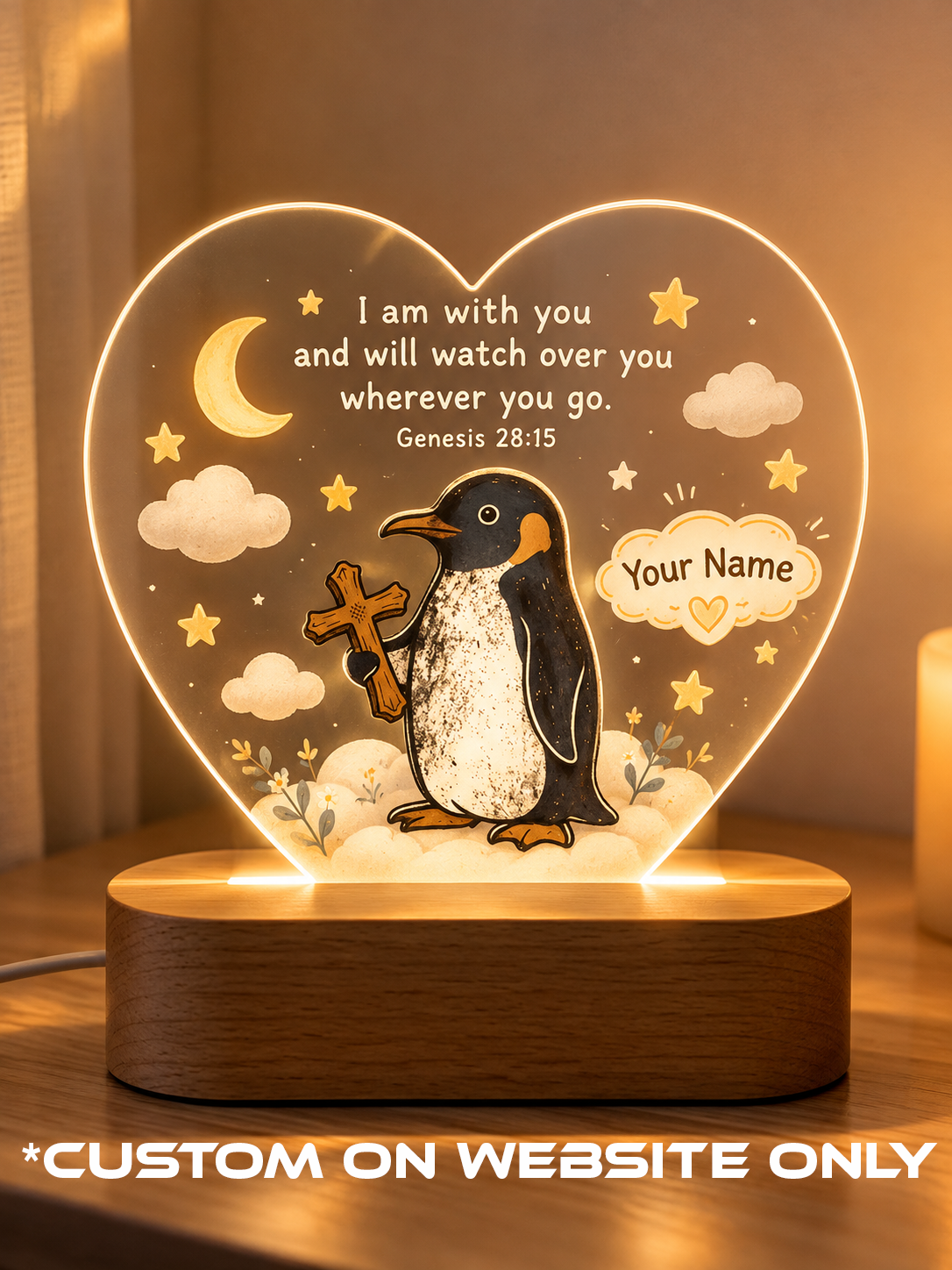 Genesis 28:15 Penguin Cross Personalize LED Night Light