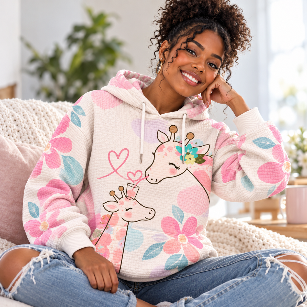 Pink Floral Giraffe Waffle Hoodie