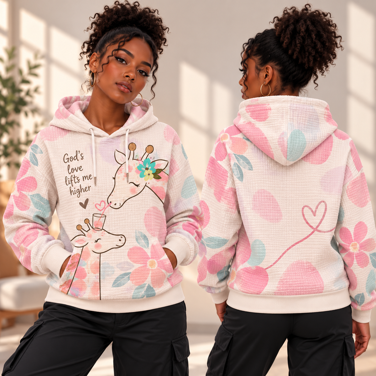 Pink Floral Giraffe Waffle Hoodie