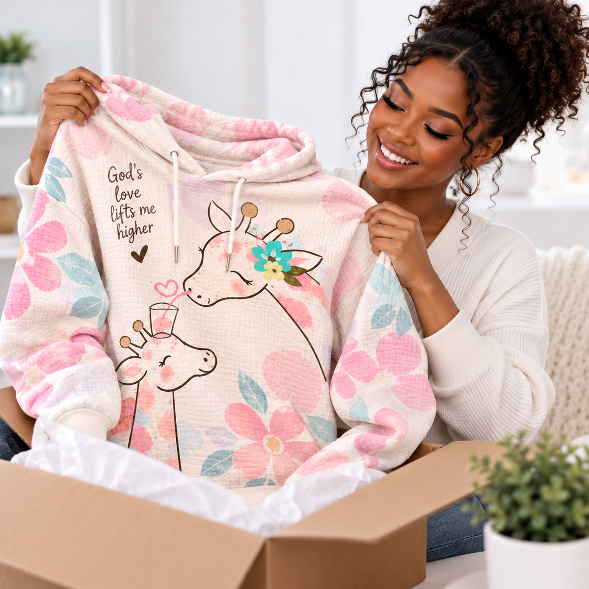 Pink Floral Giraffe Waffle Hoodie
