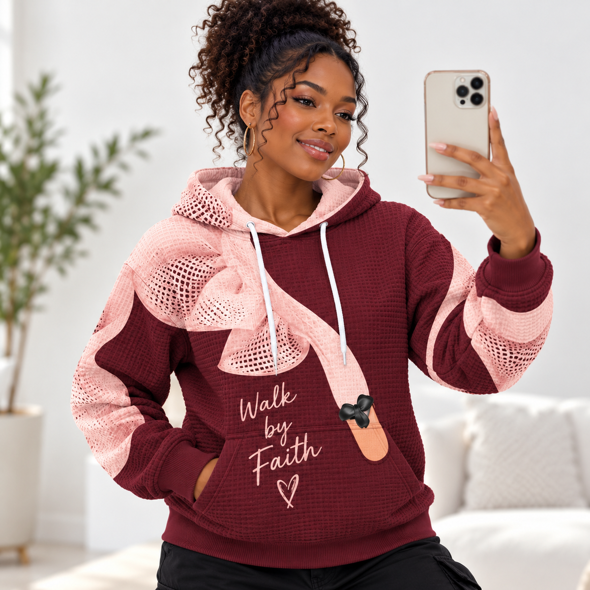 Burgundy Pink Bow Waffle Hoodie