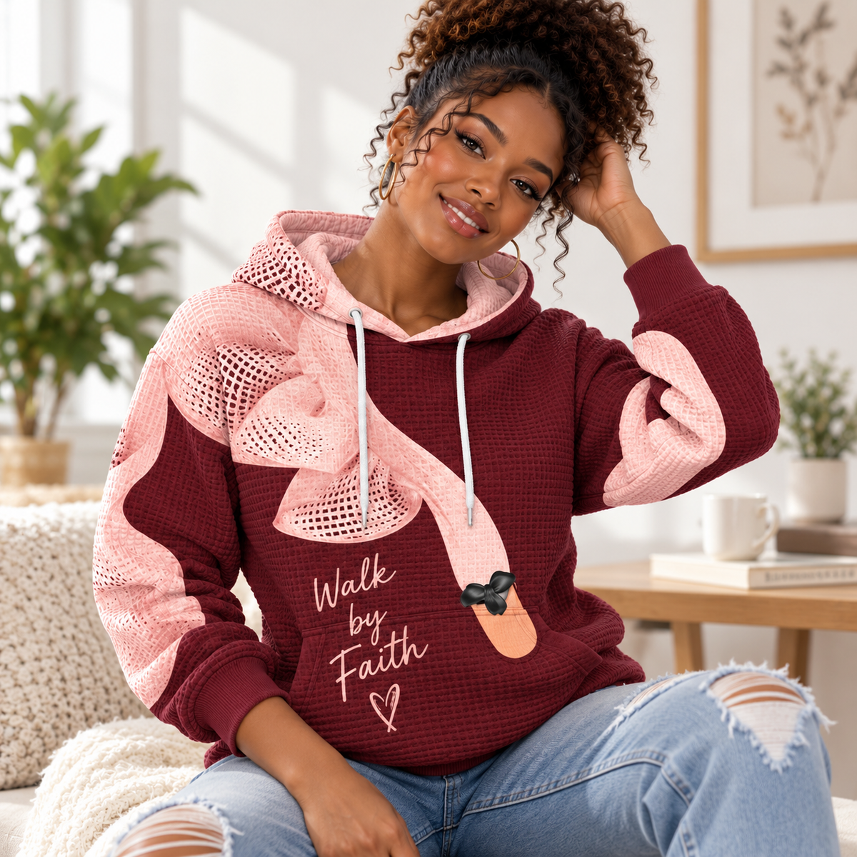 Burgundy Pink Bow Waffle Hoodie