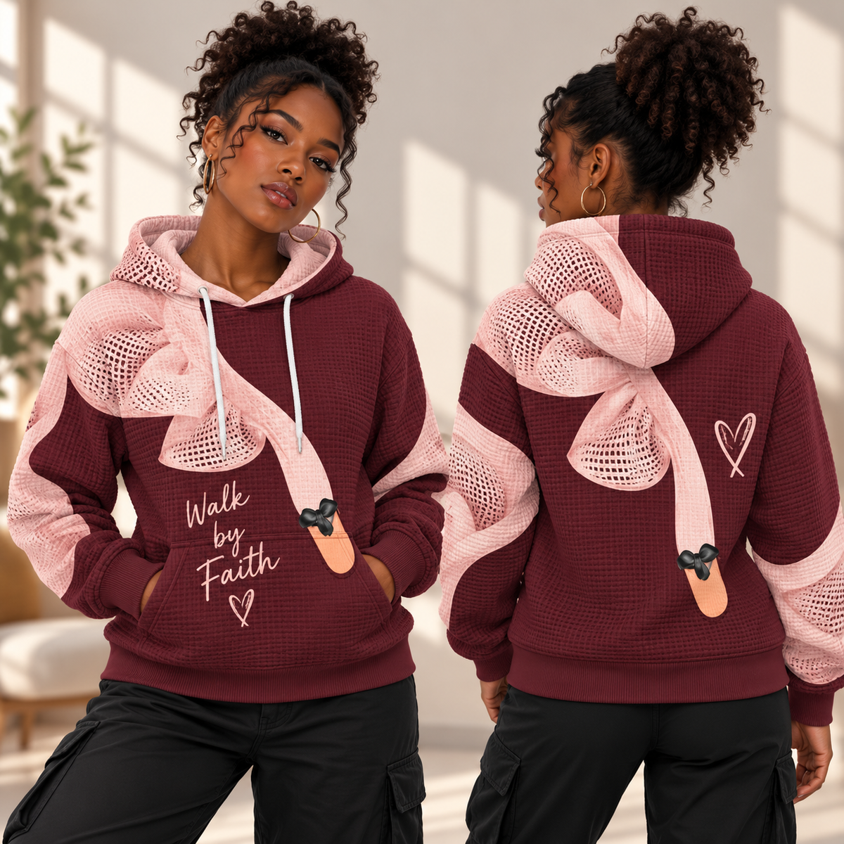 Burgundy Pink Bow Waffle Hoodie