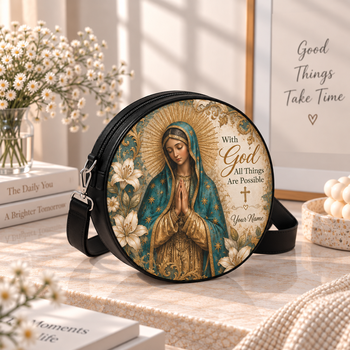 Personalized Our Lady of Guadalupe Leather Round Bag