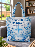 Saved By Grace Through Faith Blue Cross Butterfly Tote Bag