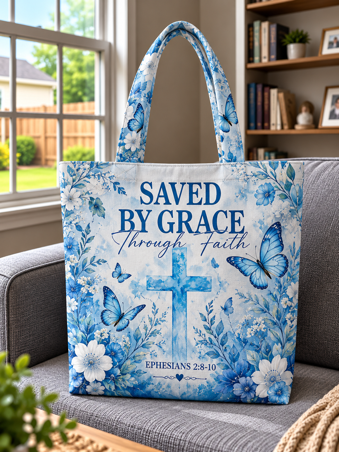 Saved By Grace Through Faith Blue Cross Butterfly Tote Bag