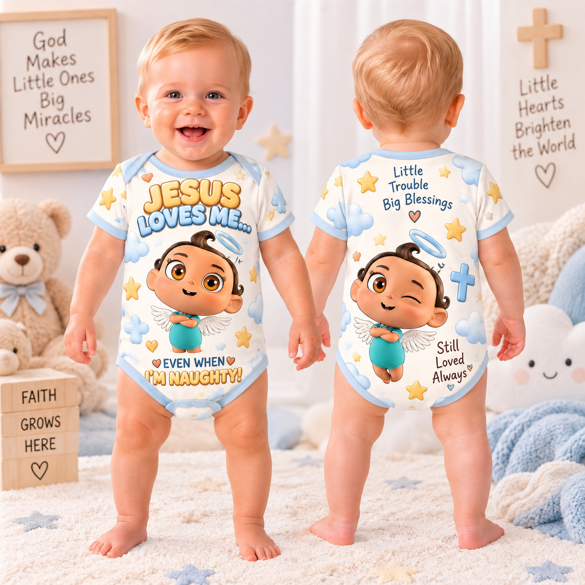 Baby bodysuit front and back with cartoon baby angel and Jesus Loves Me Even When I'm Naughty text