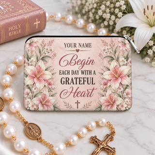 Grateful Heart Floral Personalized PU Leather Pouch