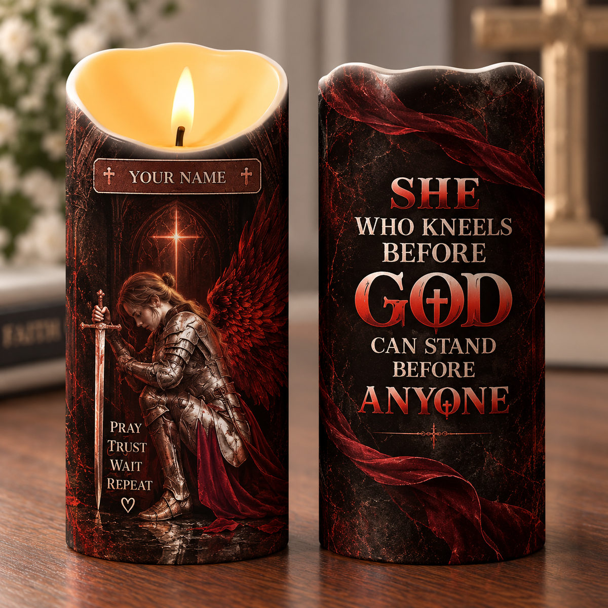 Personalized Winged Warrior Woman Flameless LED Candle