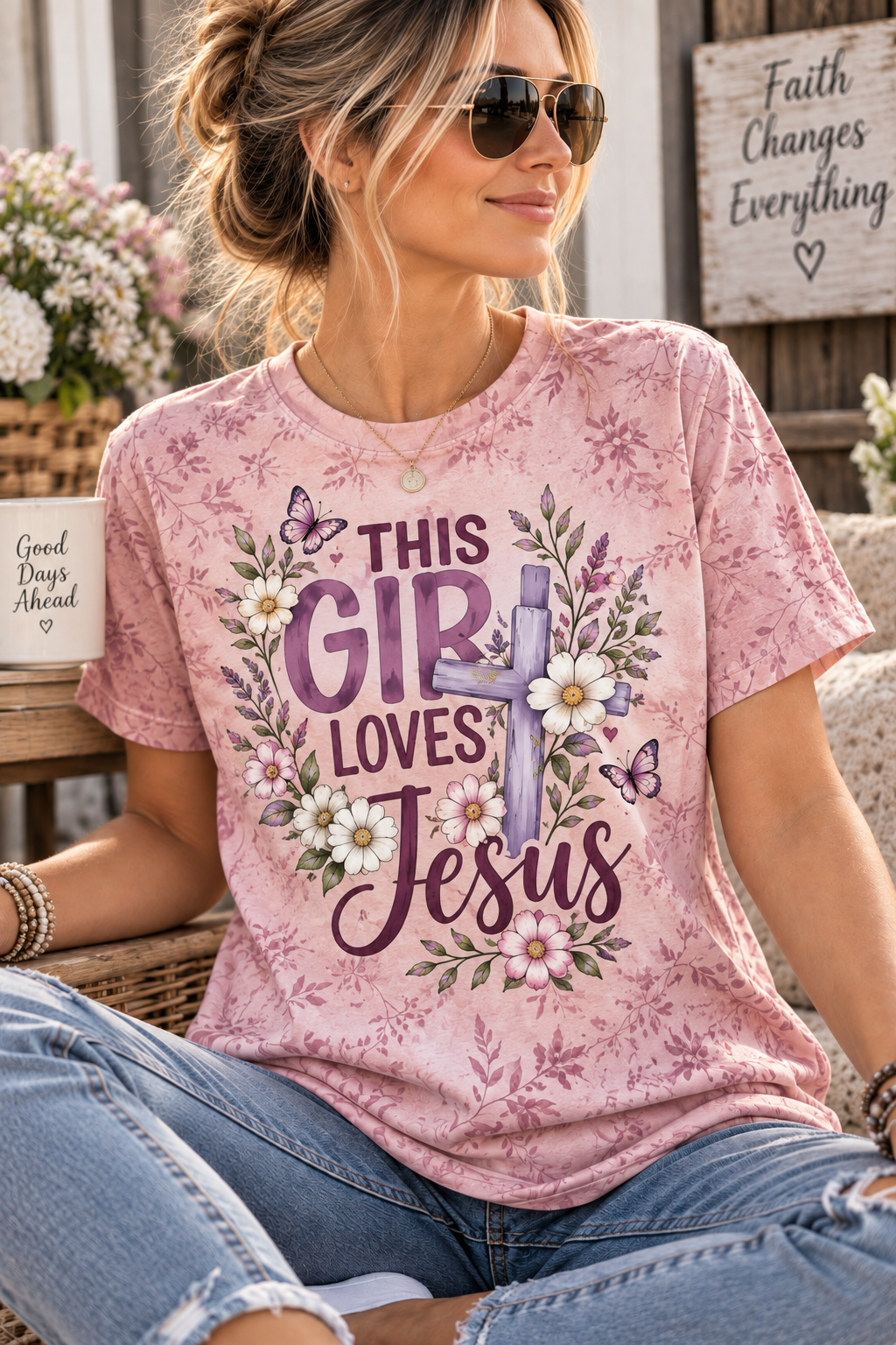 This Girl Loves Jesus Pink Floral Cross Christian T-Shirt