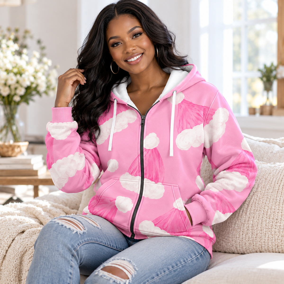 Personalized Pink Santa Hat Zip Hoodie