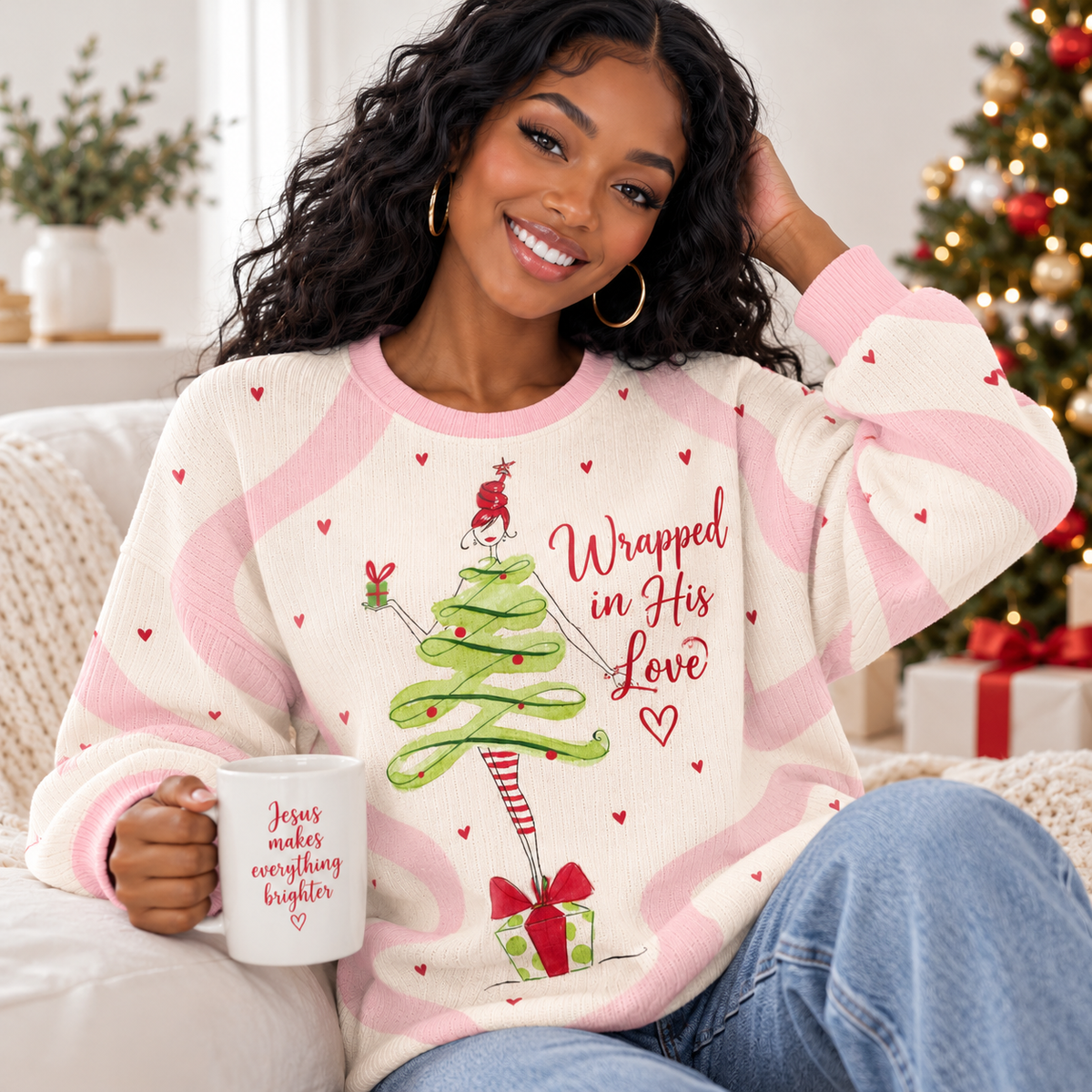 Whimsical Tree Girl Waffle Sweatshirt