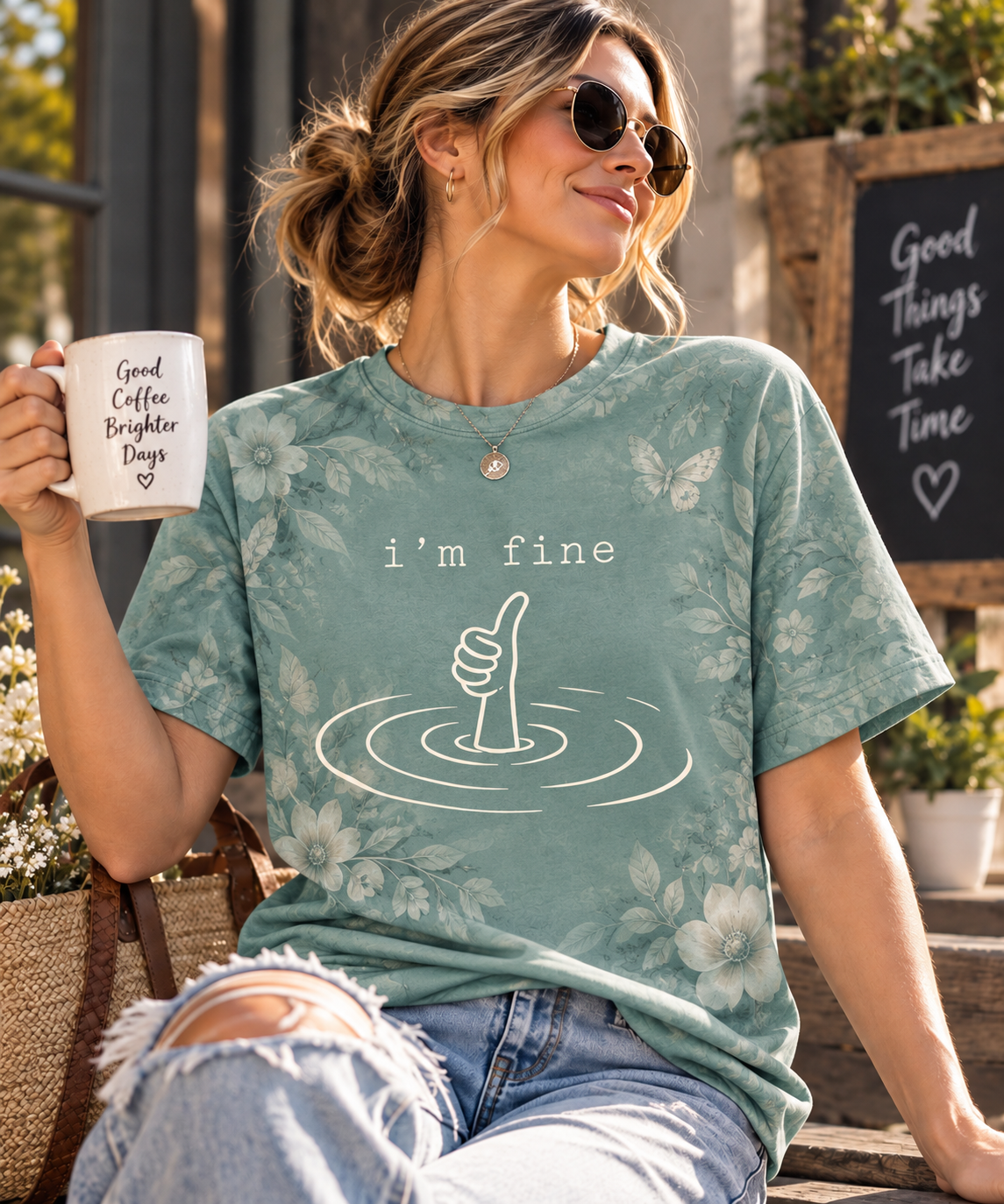 I’m Fine Floral Thumbs Up Graphic T-Shirt