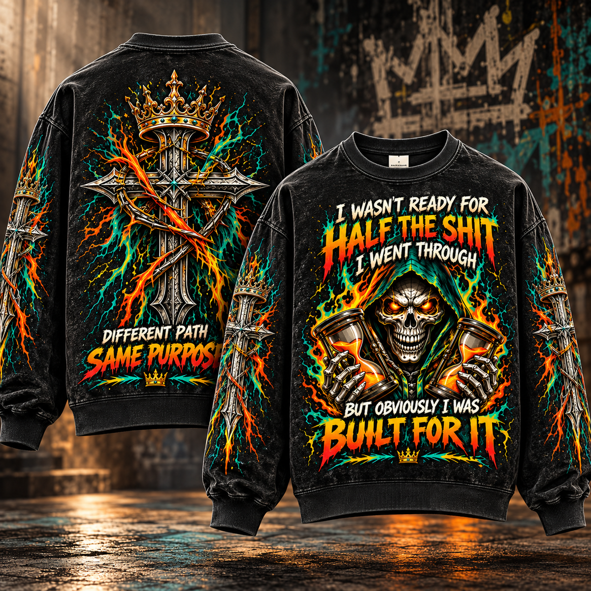 Built For It – Fiery Hourglass Skull Sweatshirt