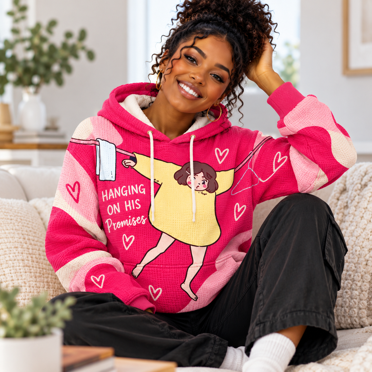 Pink Clothesline Girl Waffle Hoodie