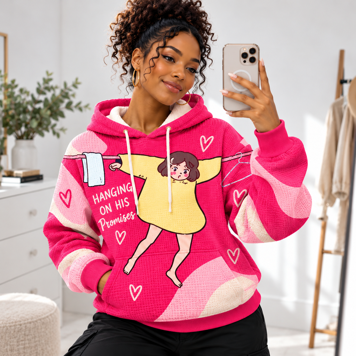 Pink Clothesline Girl Waffle Hoodie