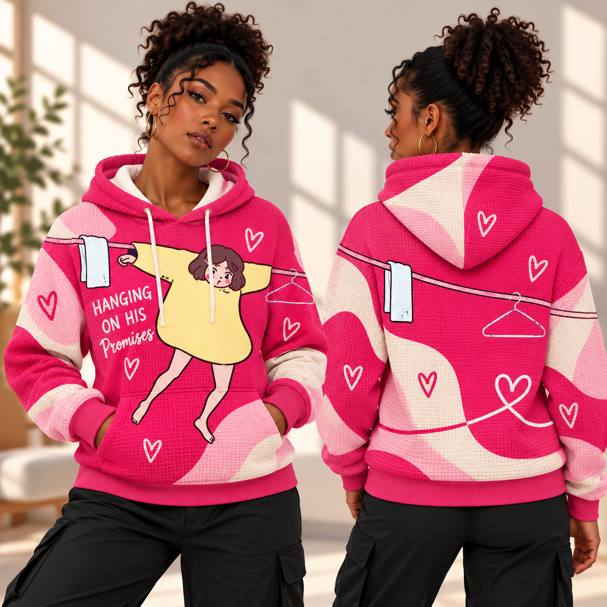 Pink Clothesline Girl Waffle Hoodie