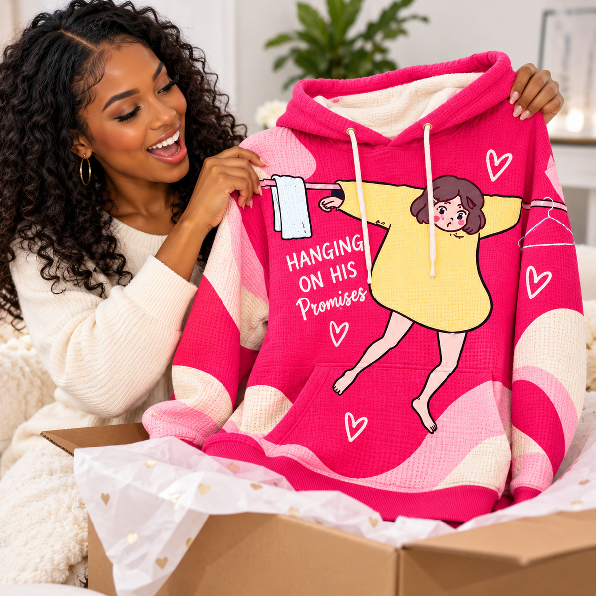 Pink Clothesline Girl Waffle Hoodie