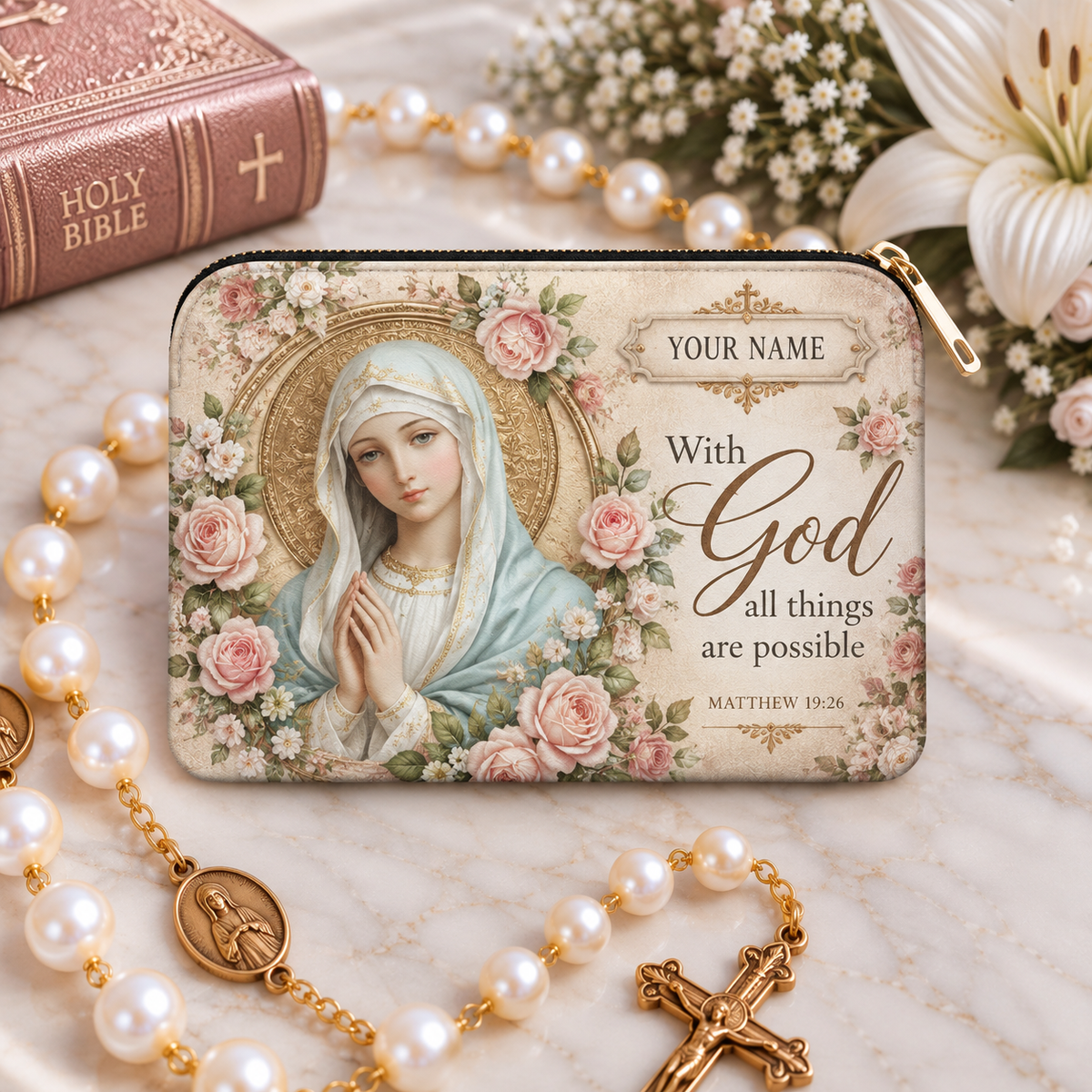 With God All Things Are Possible Personalized PU Leather Pouch
