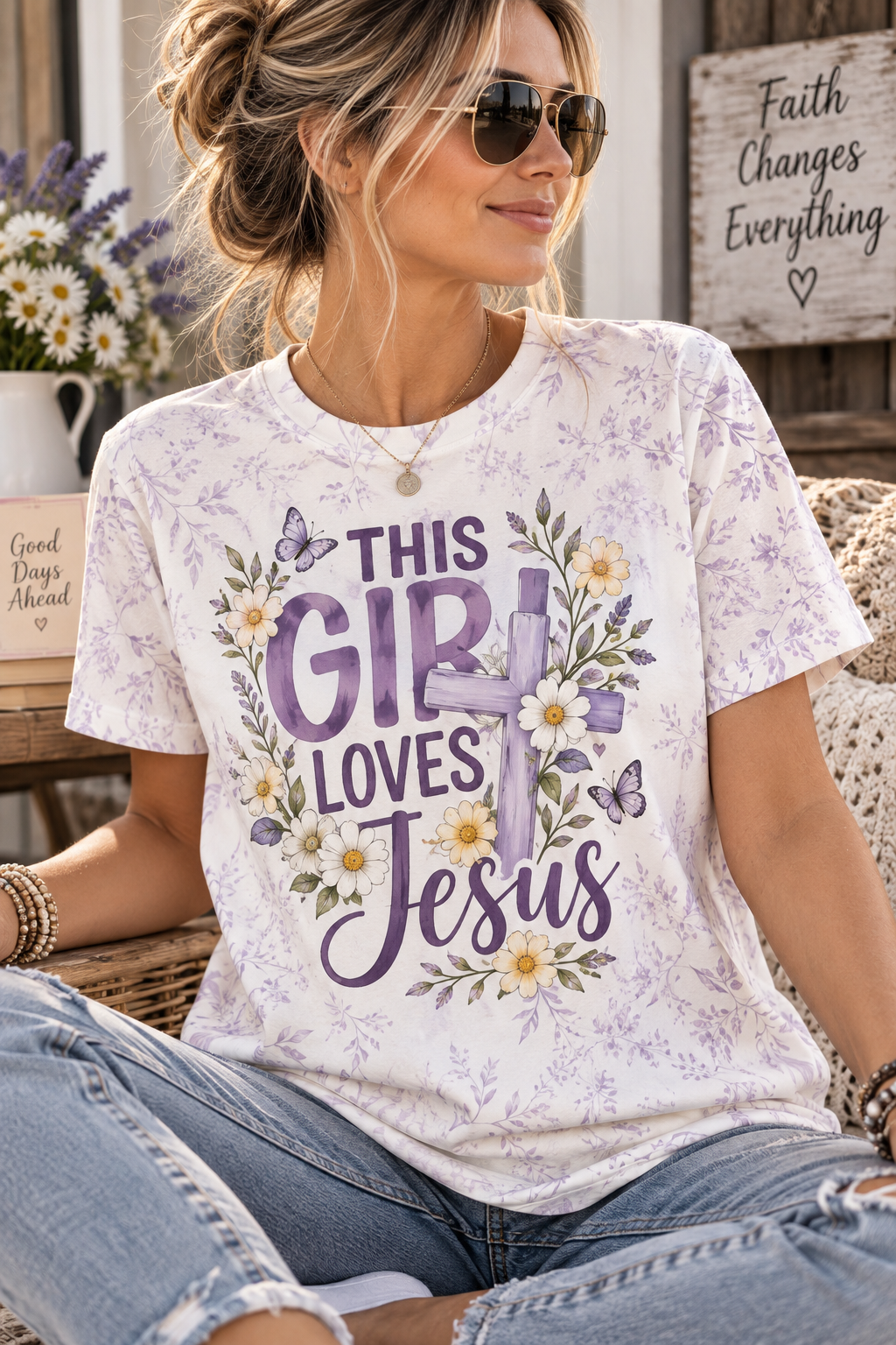 This Girl Loves Jesus Lavender Floral Cross Christian T-Shirt