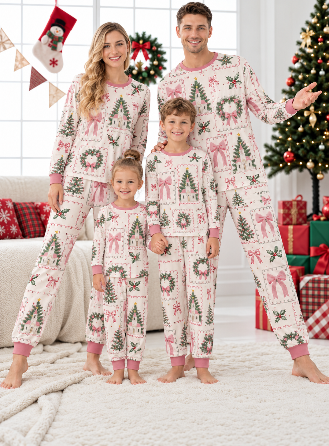 Pink Bow Christmas Family Mixed Cotton Pajamas