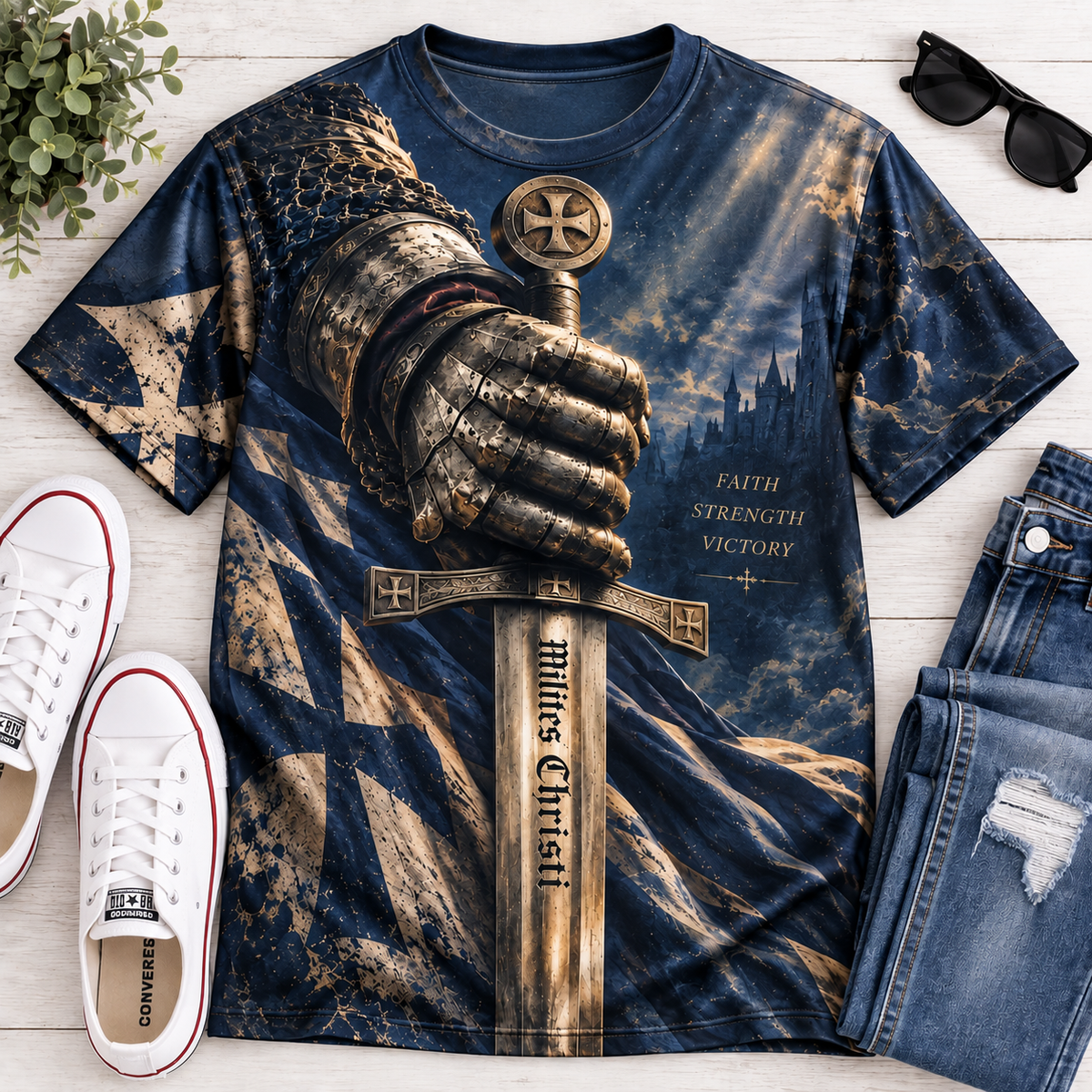 Milites Christi | Faith Strength Victory Knight Sword All-Over Print Christian T-Shirt