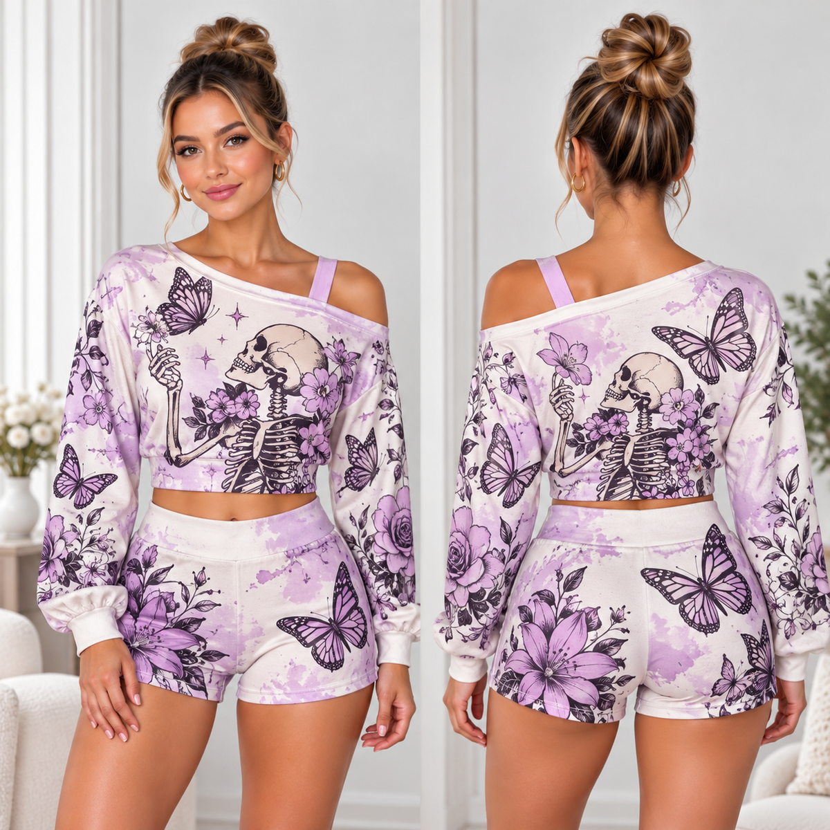 Floral Skeleton One-Shoulder Top And Shorts Set