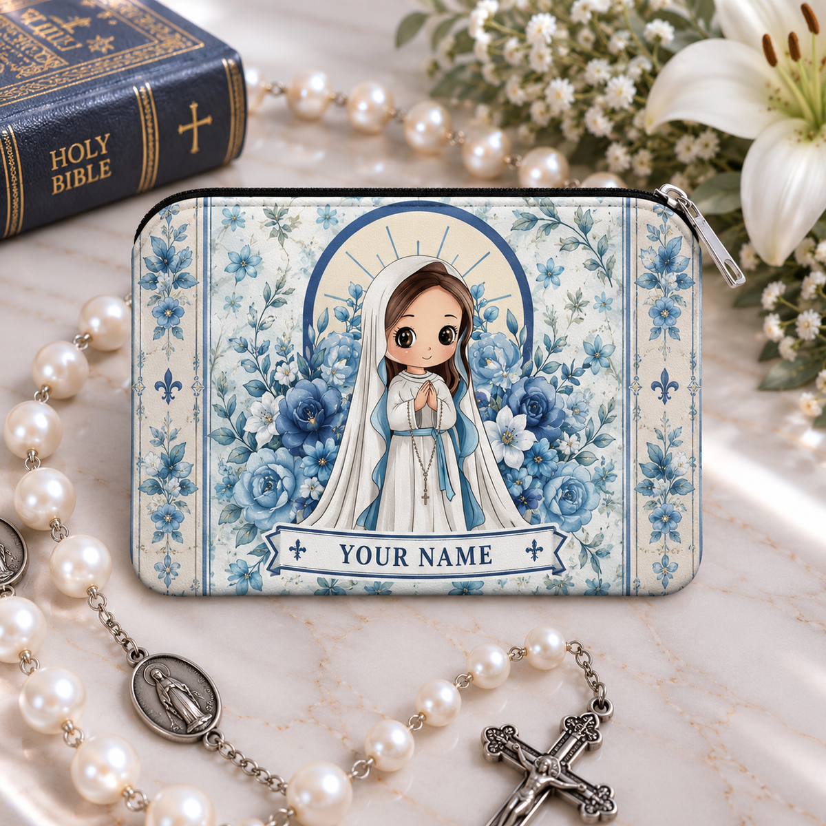 Chibi Mary Floral Personalized PU Leather Pouch