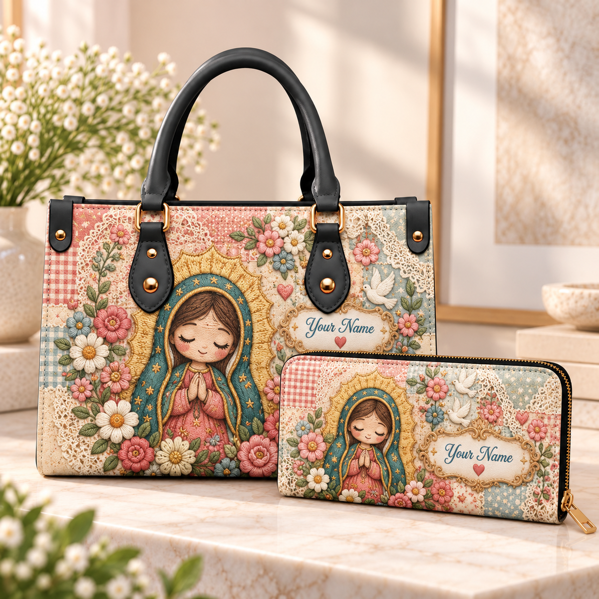 Personalized Floral Girl PU Leather Handbag & Leather Long Wallet