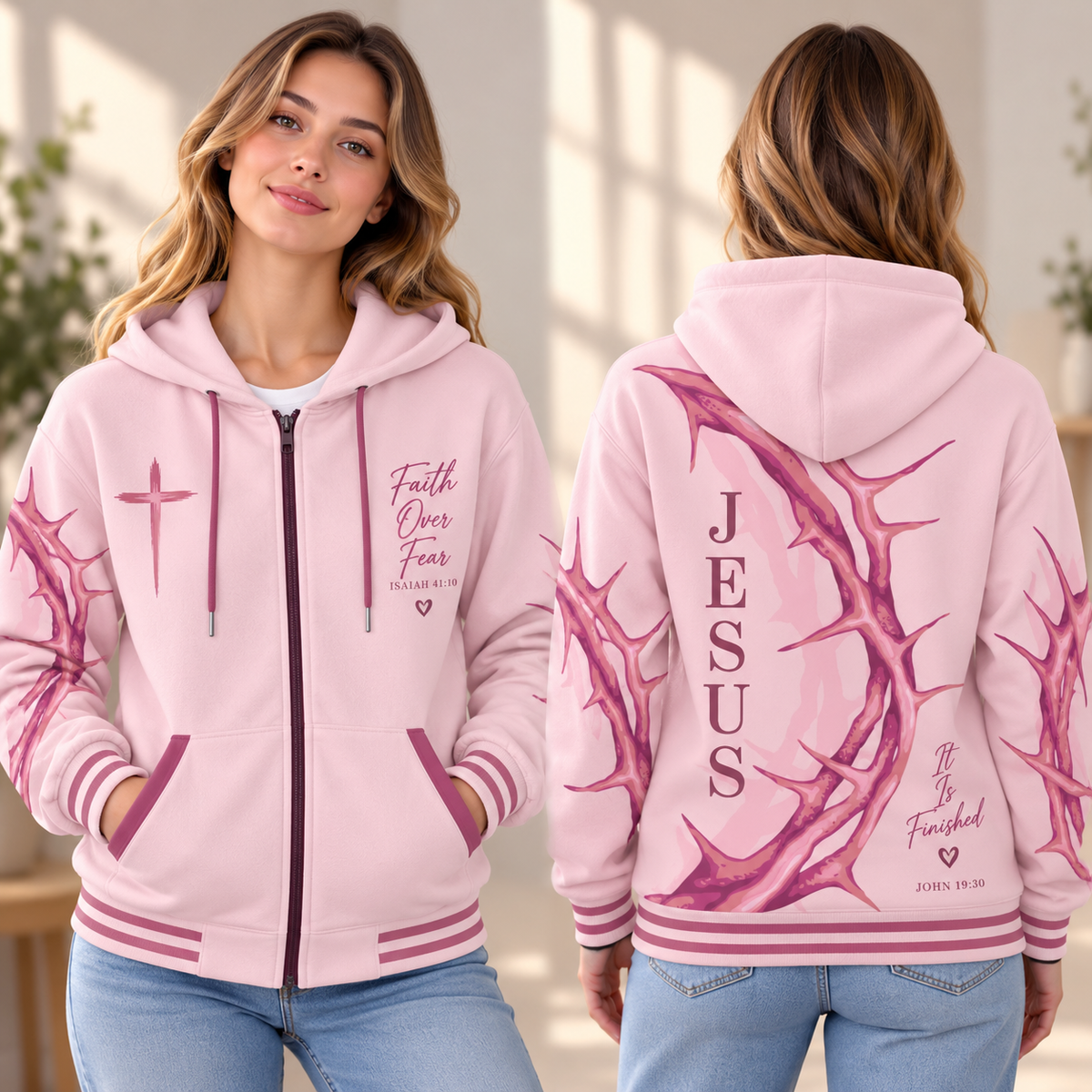 Pink Thorn Branch Zip-up Baseball Jacket