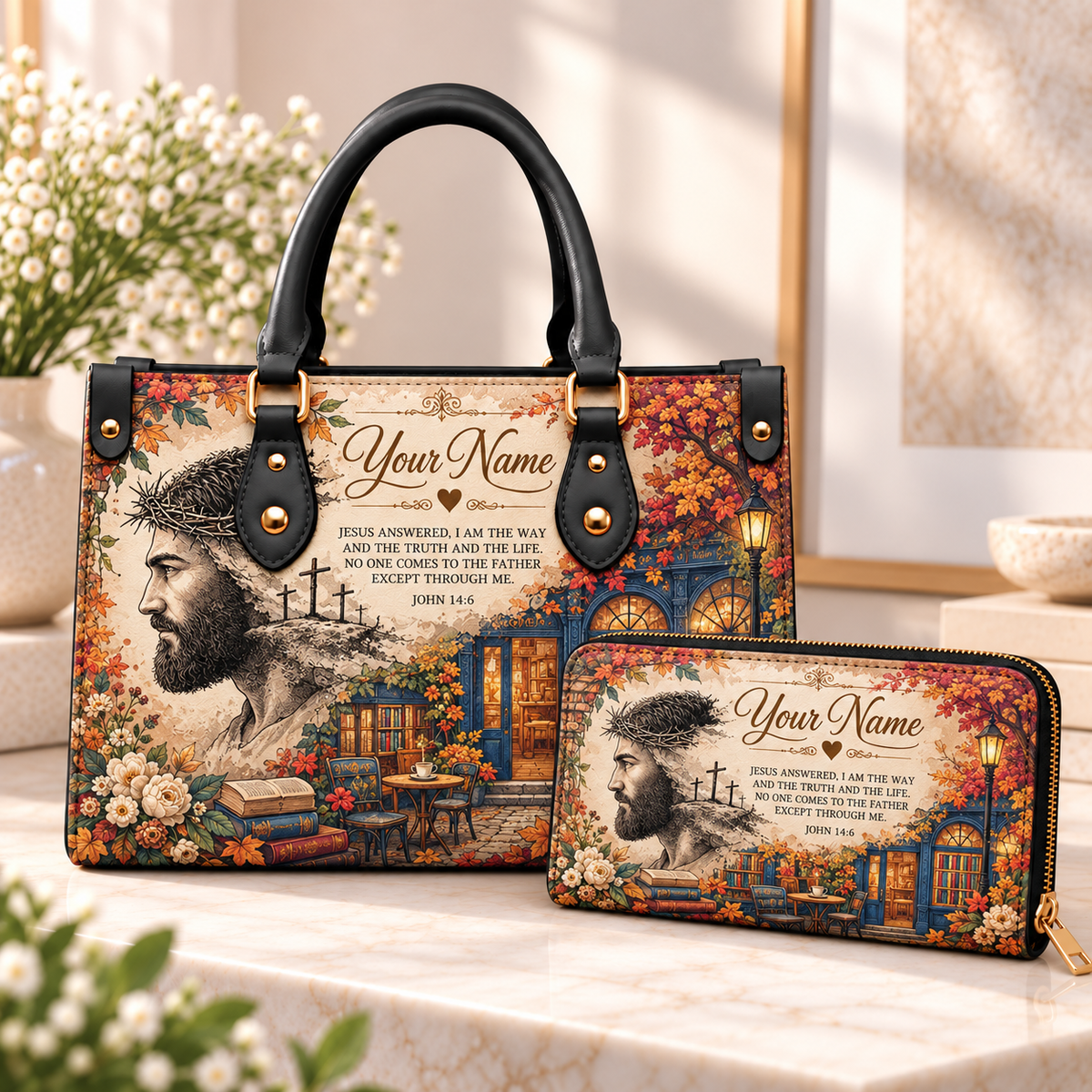 Personalized Autumn Bookshop PU Leather Handbag & Leather Long Wallet