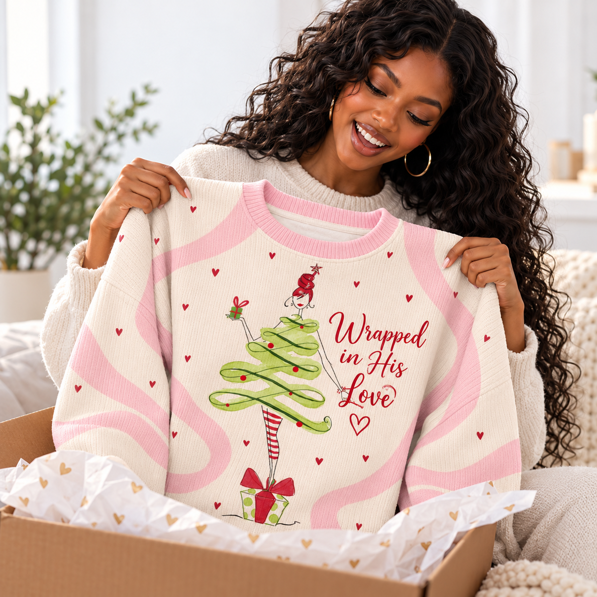 Whimsical Tree Girl Waffle Sweatshirt