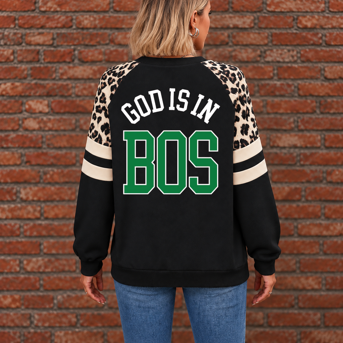 Boston God Is In BOS Leopard Sleeve Sweatshirt