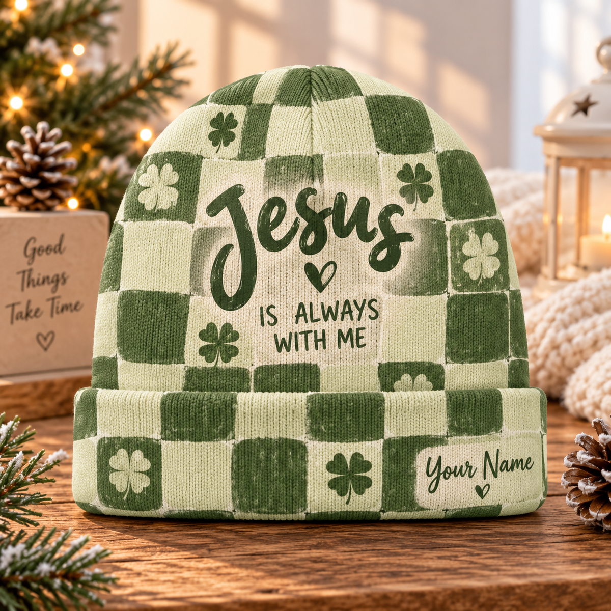 Personalized Green Clover Checkerboard Beanie Hat