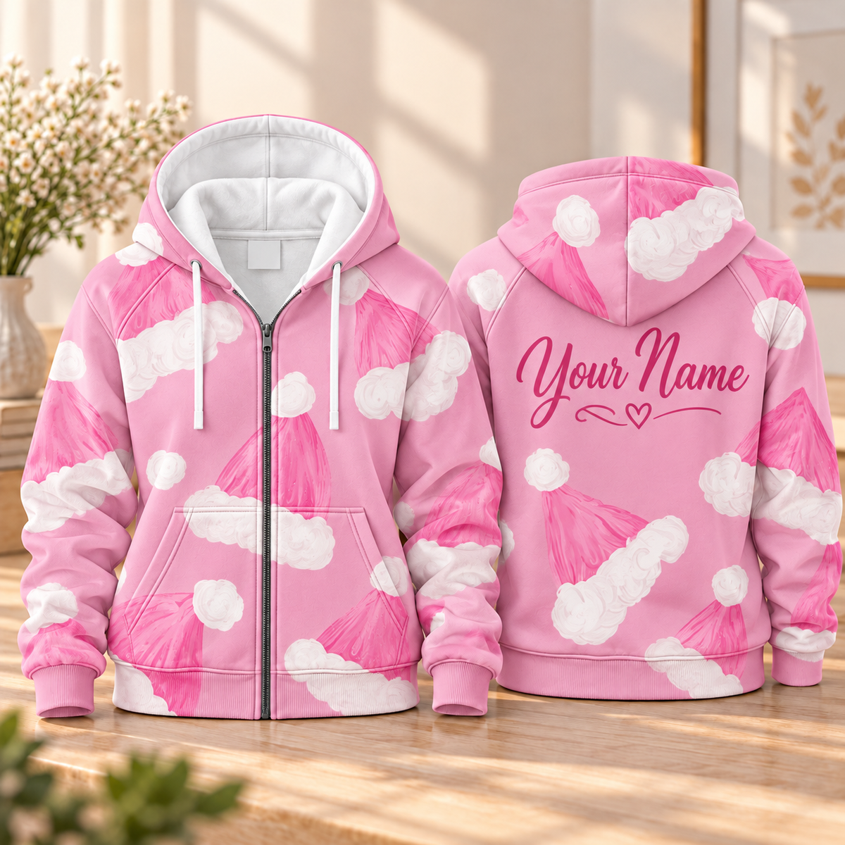 Personalized Pink Santa Hat Zip Hoodie