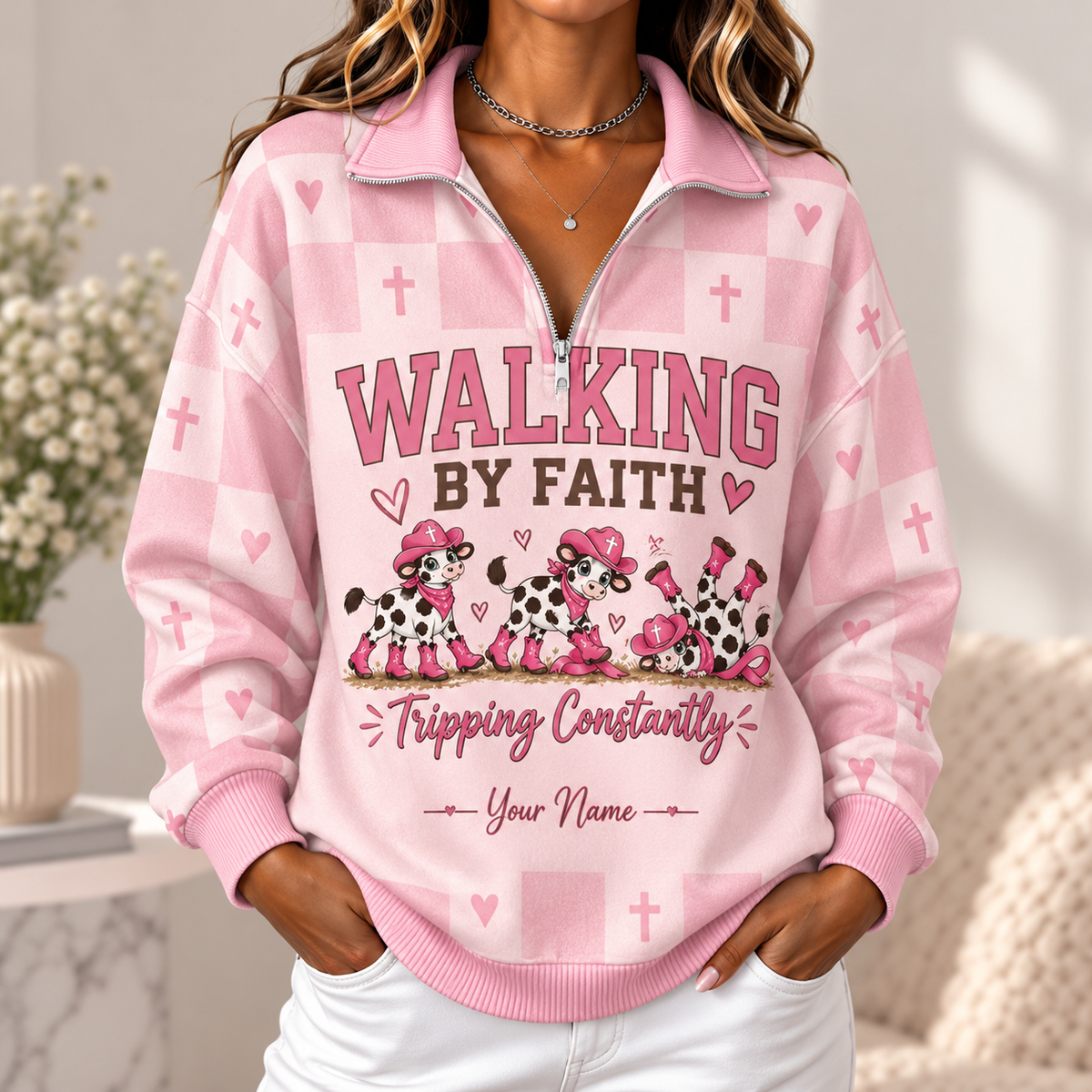 Personalized Pink Cowgirl Cows Women's Half-zip Sweatshirt NWY076