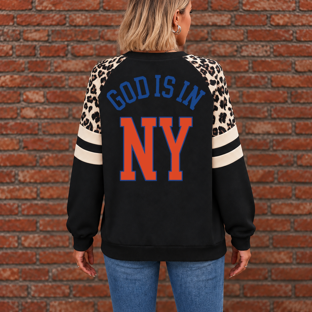 New York God Is In NY Leopard Sleeve Sweatshirt