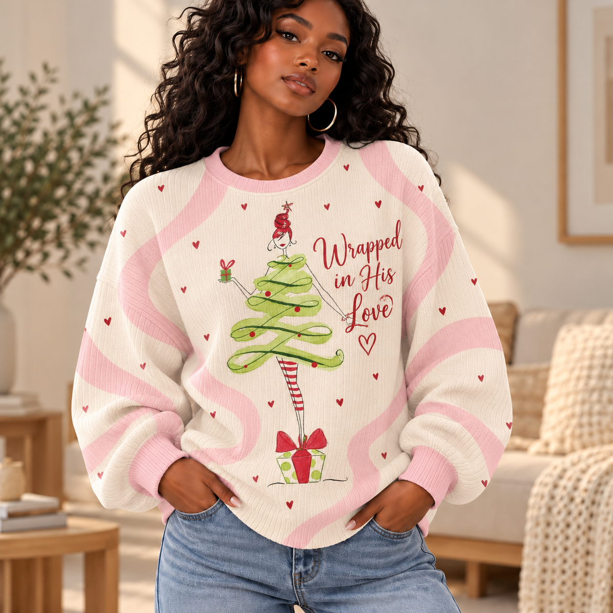 Whimsical Tree Girl Waffle Sweatshirt
