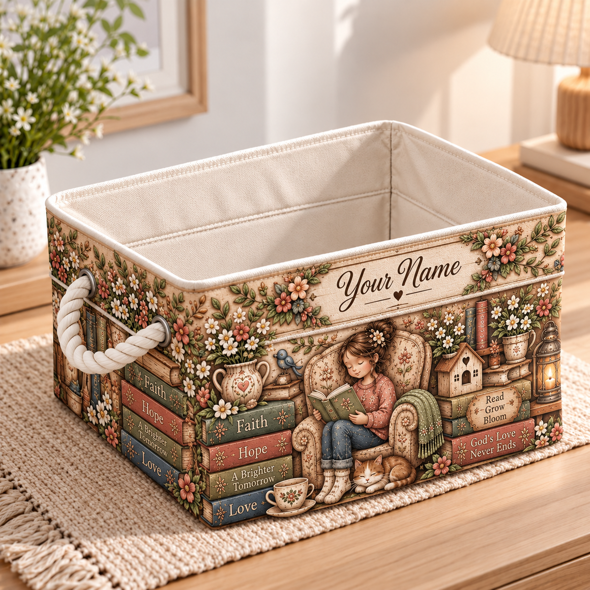 Personalized Reading Girl and Cat Storage Basket