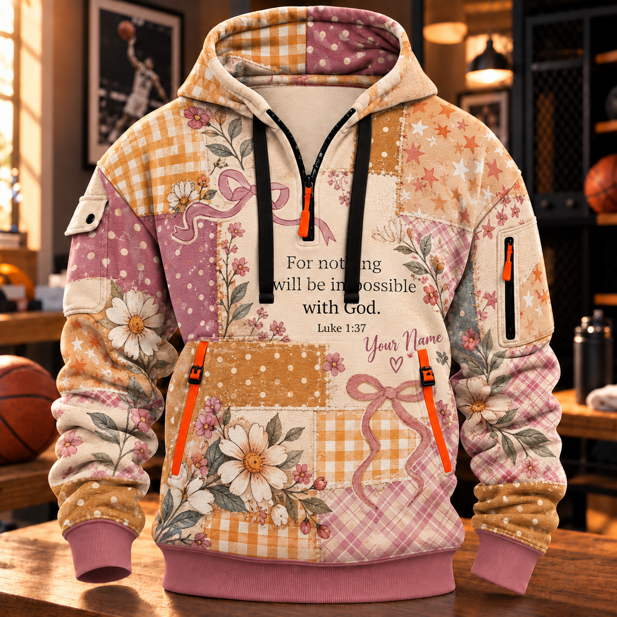 Personalized Floral Bow Patchwork Half-Zip Hoodie