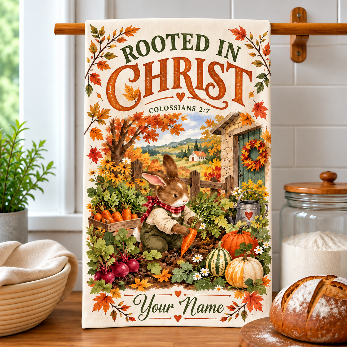 Personalized Rooted In Christ Rabbit Kitchen Towel