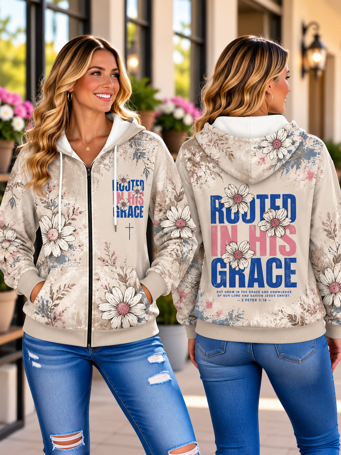 Rooted in His Grace Daisy Zip Hoodie