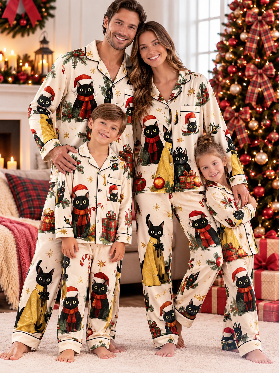 Black Santa Cats Family Ice Silk Pajamas
