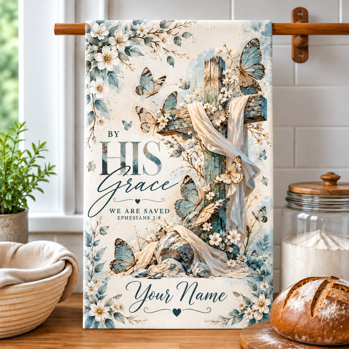 Personalized By His Grace Cross Kitchen Towel