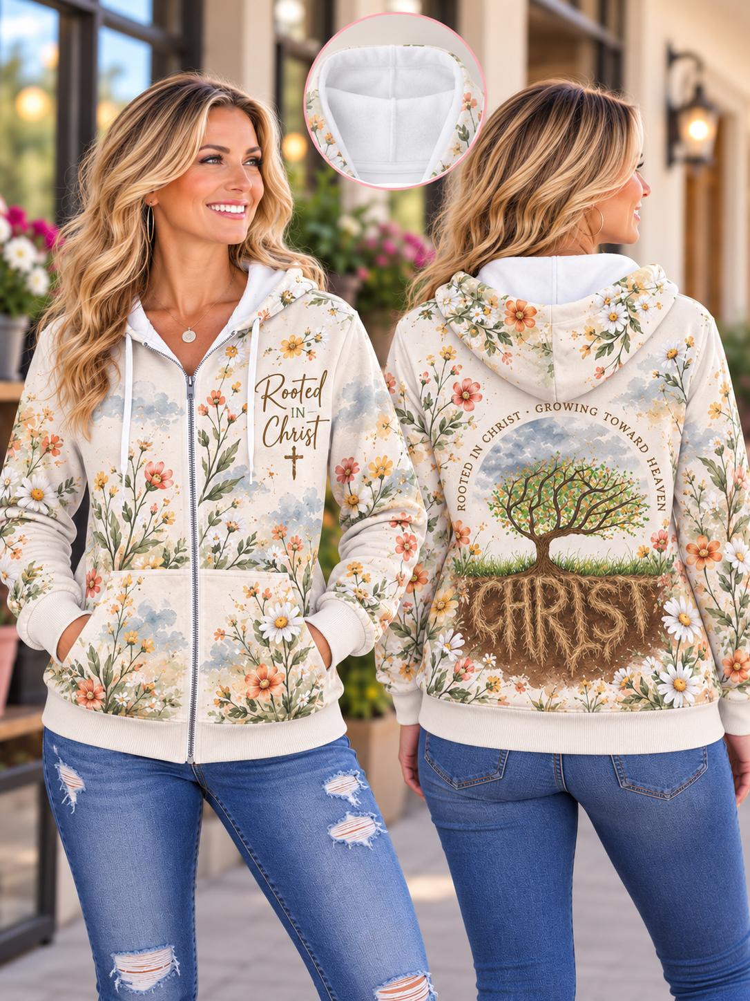 Rooted in Christ Tree Floral Zip Hoodie