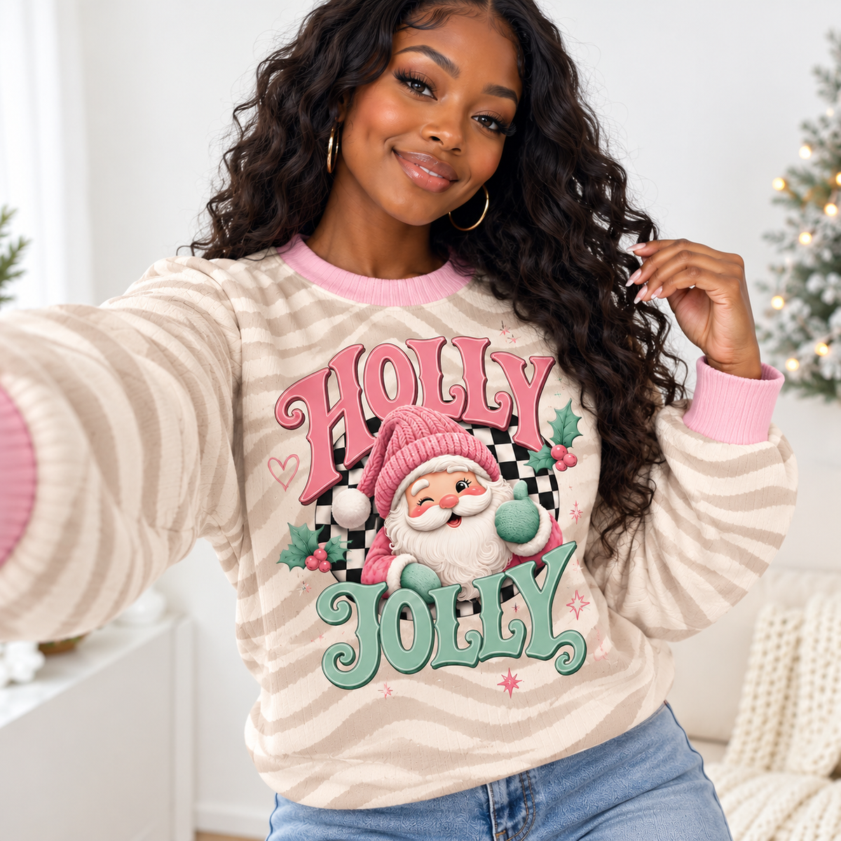 Holly Jolly Pink Santa Waffle Sweatshirt