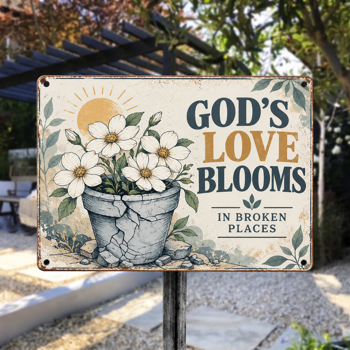 God's Love Blooms Metal Sign