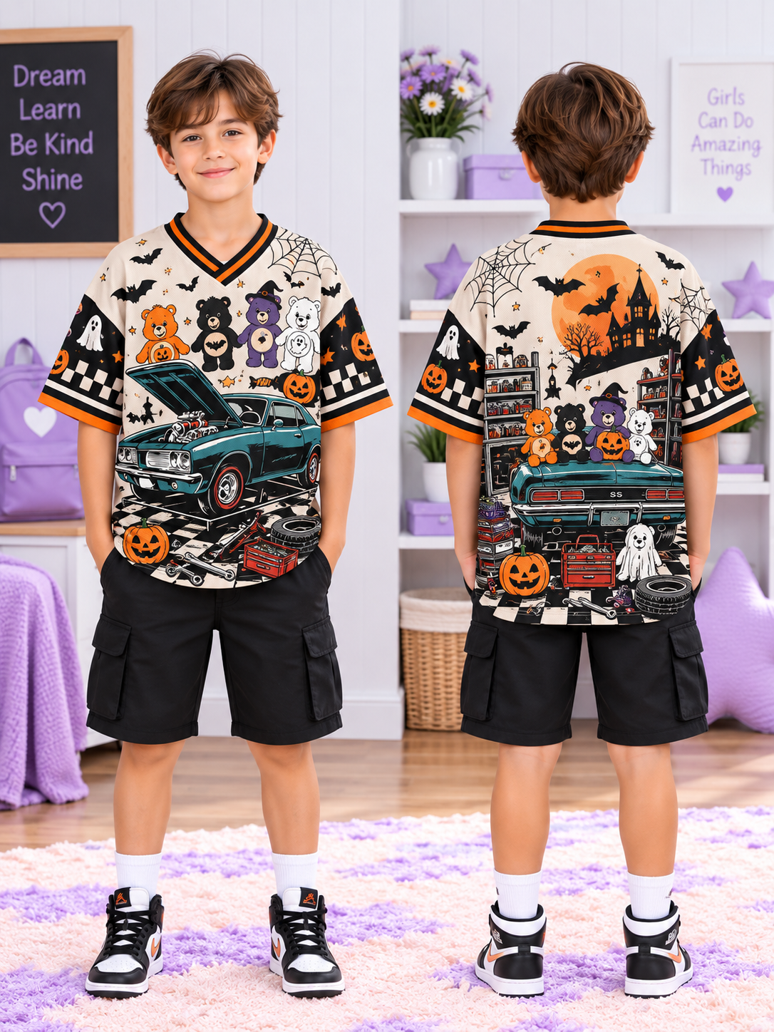Halloween Bears Muscle Car Kids T-Shirt Jersey